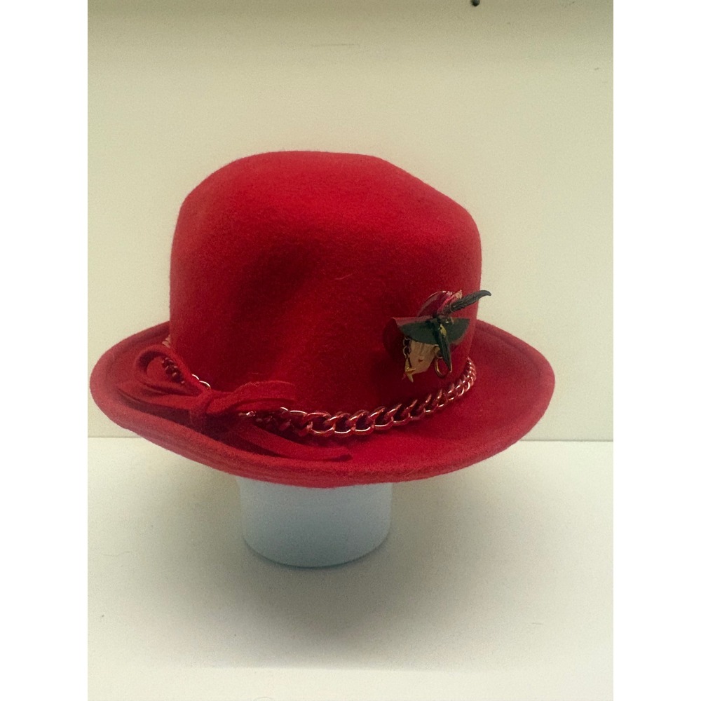 Vintage George Red Wool Felt Bowler Hat Made in USA with Lady Brooch Pin Bow